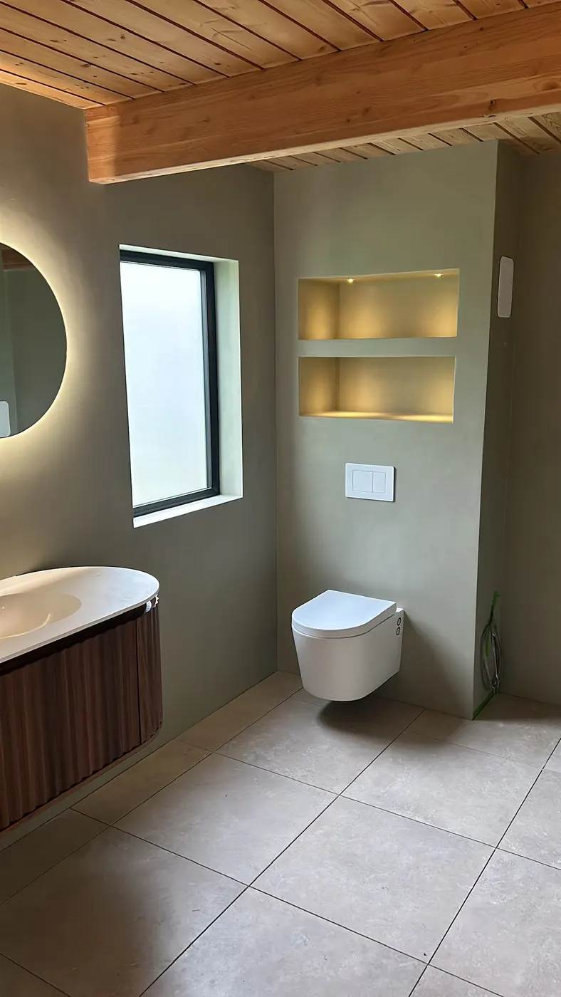 Wall-hung WC and lit display niches in a green micro-cement bathroom under a timber ceiling