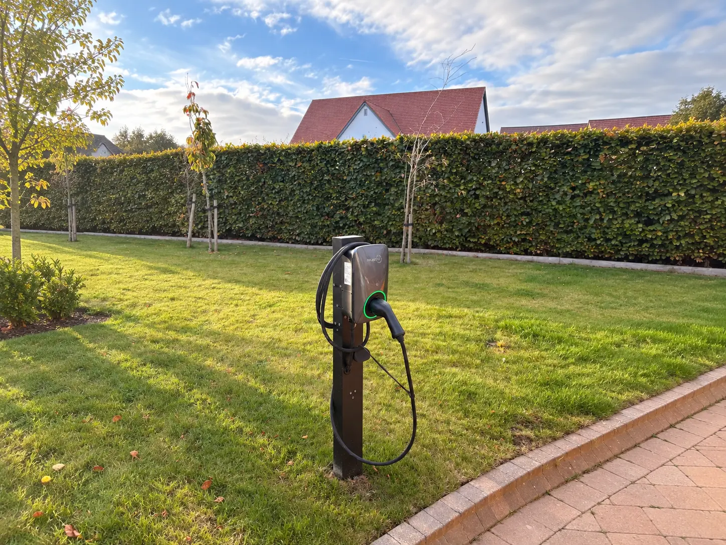 Charging cable plugged into an electric car on a home driveway