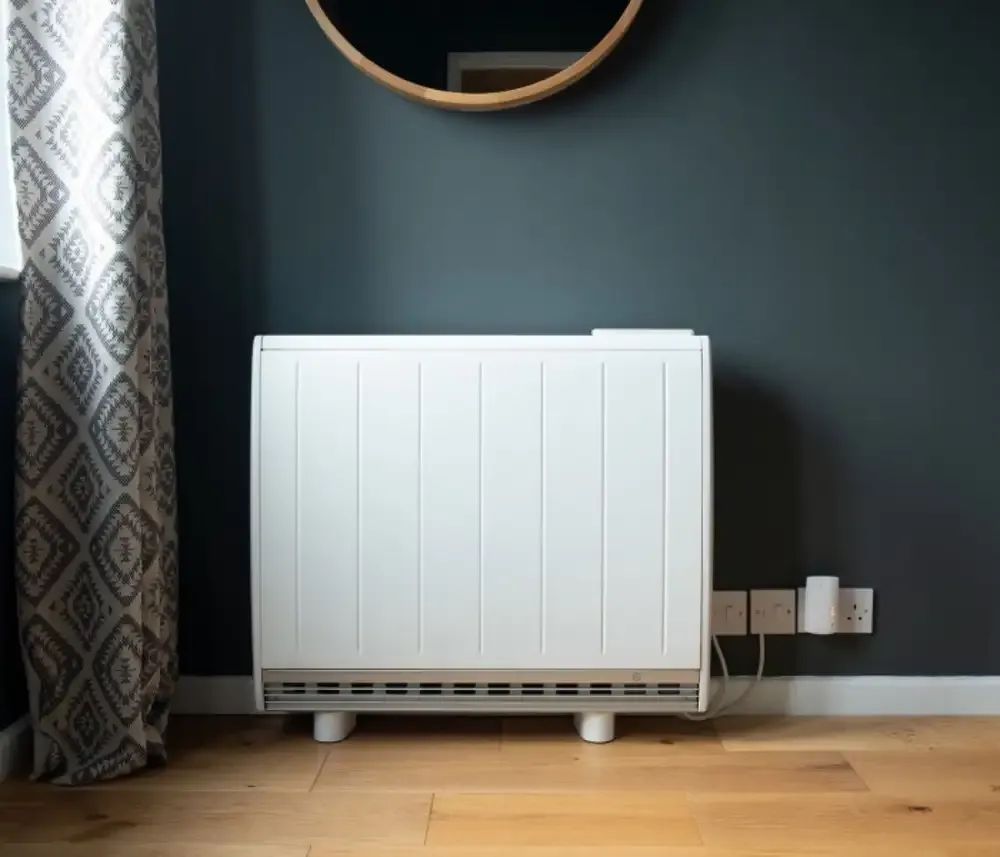 Modern electric storage heater installed in a domestic room