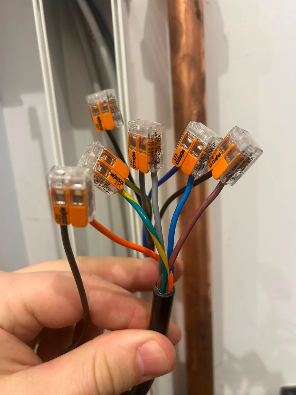 Multicore cable cores terminated into WAGO lever connectors during a wiring alteration