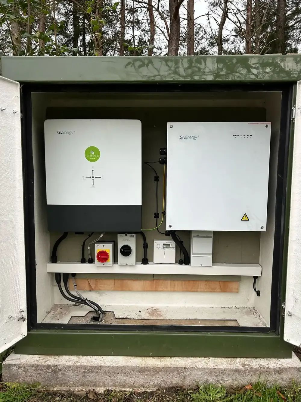 GivEnergy inverter and battery storage installed inside an external equipment cabinet