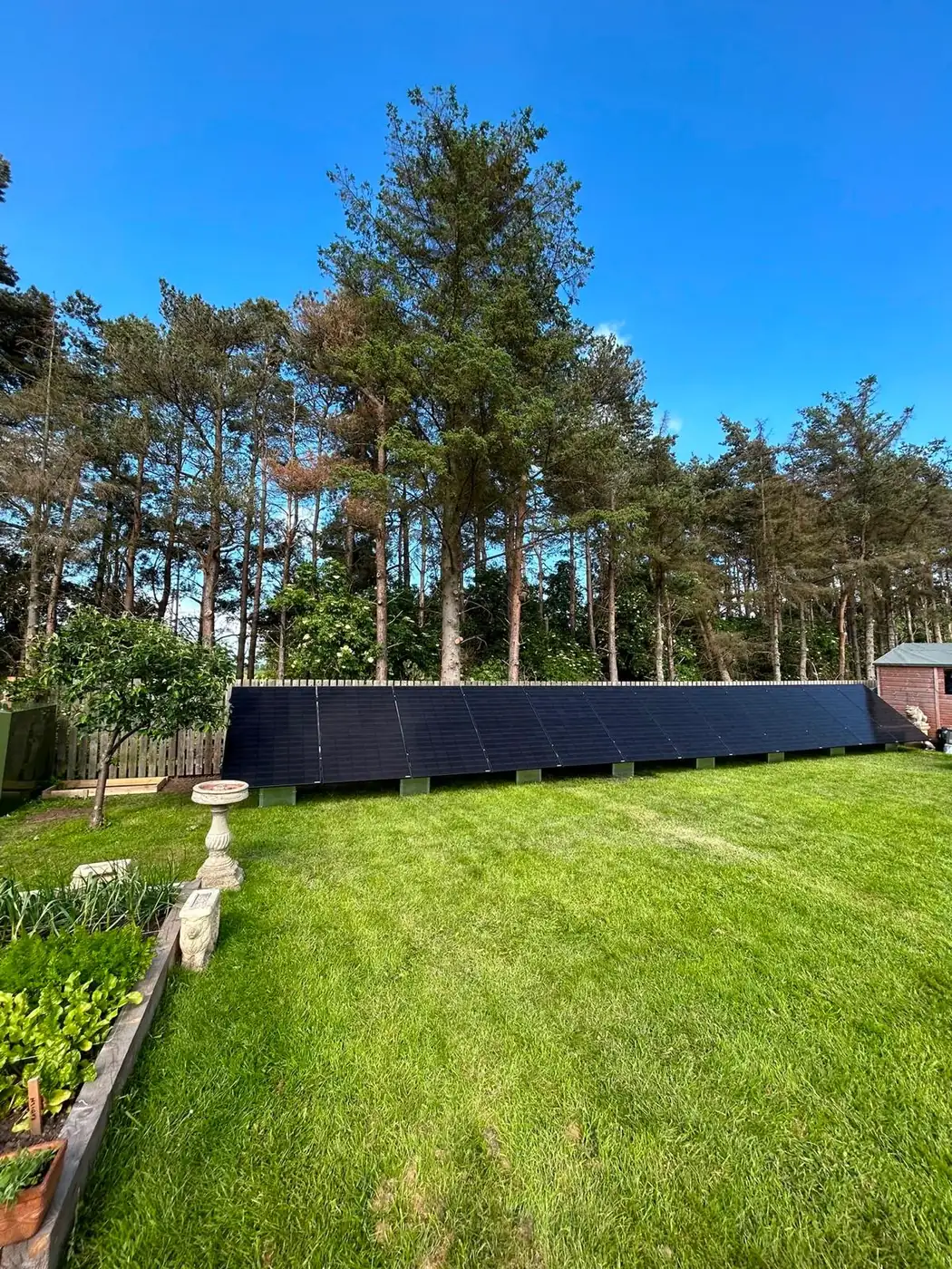 Ground-mounted solar array installed along the edge of a garden lawn